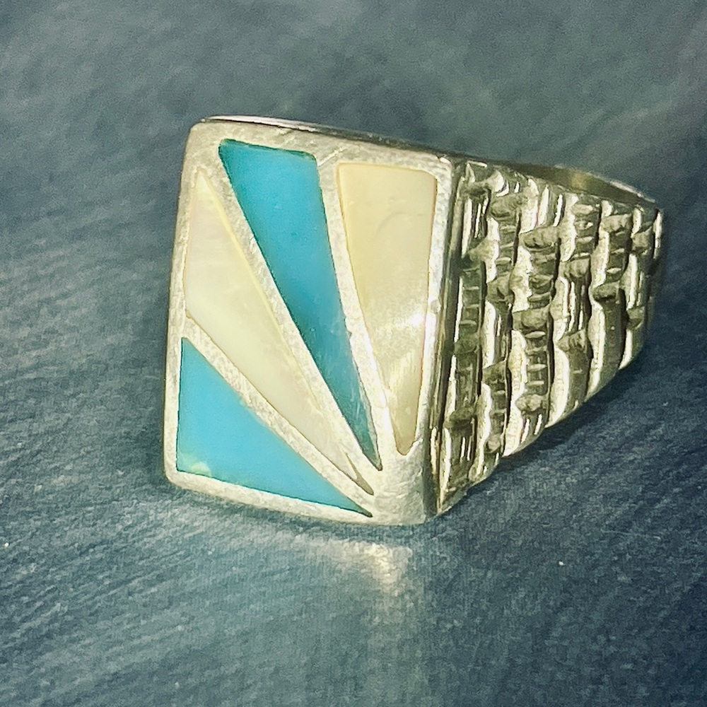 Silver Ring with Turquoise and Cream Inlay